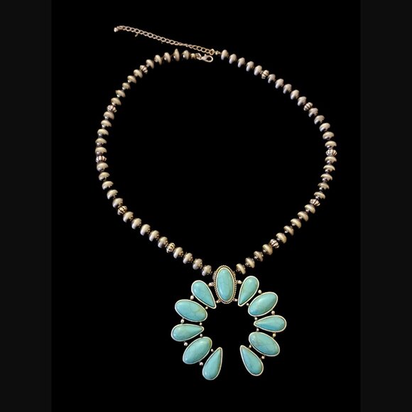 South West Style Squash Blossom Silver Tone Acrylic Beaded Necklace - Picture 5 of 6